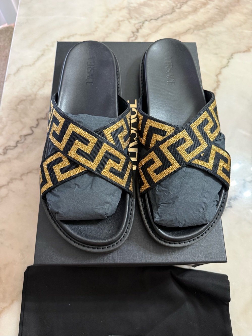 Versace Black and Gold Greek Key Slide Sandals
